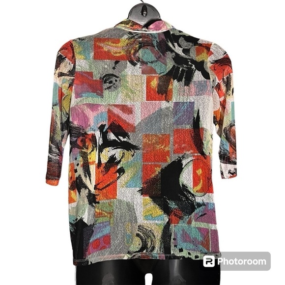 Ali Miles gauzy sheer artsy geometric button down colorful blouse LP - Picture 2 of 10